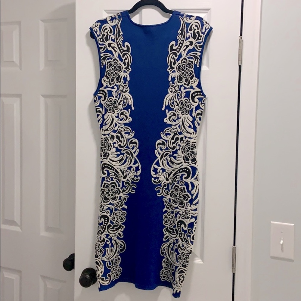 Blue and white lace print dress bcbg max